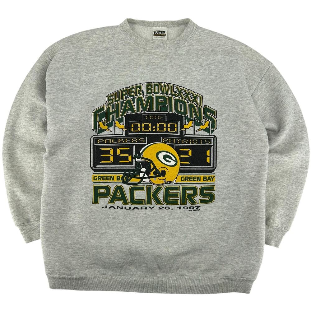 VTG 1997 Men's Grey Tultex Green Bay Packers Super Bowl Champions Crewneck Sz L